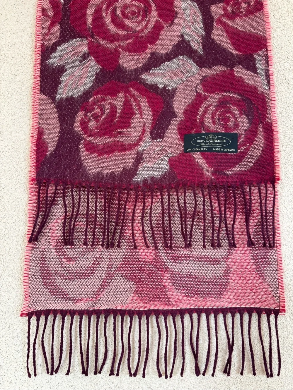 VTG 🌹 Luxury Cashmere Rose Floral Fringe Scarf Hand Tailored in Germany